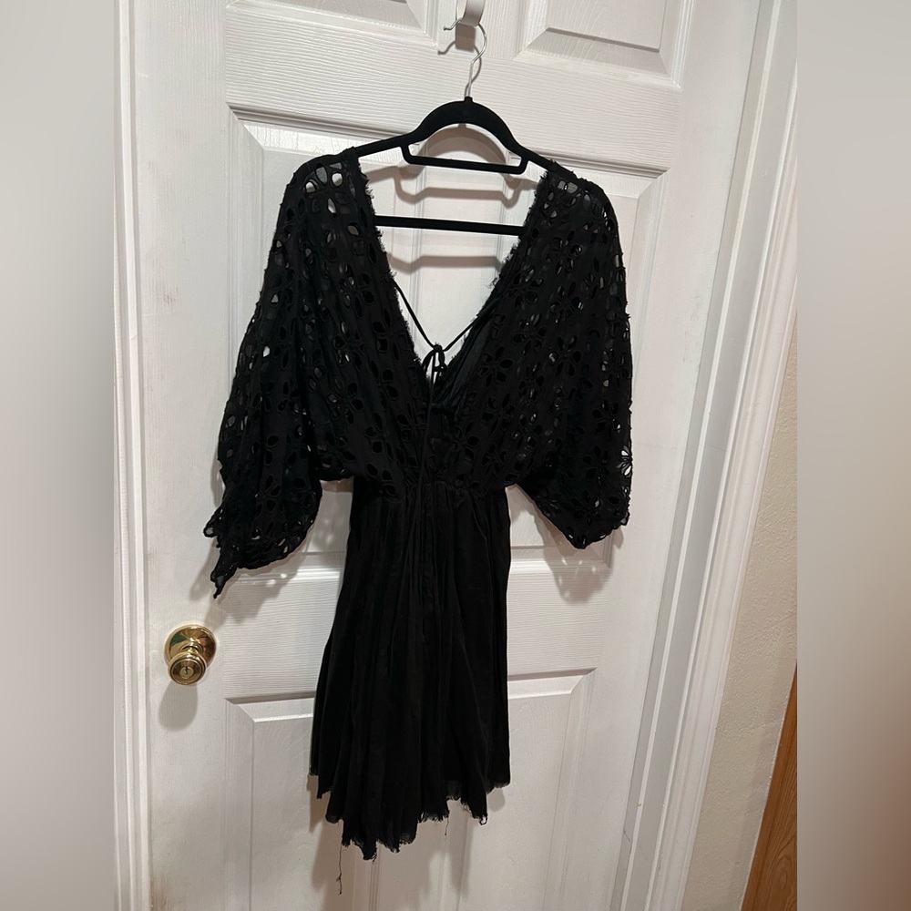 Free People One Black Dress mini dress eyelet puff sleeve